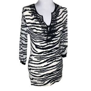 Venini Zebra Print Beaded 3 Qtr Sleeve V-Neck Lace Up Sheer Sleeve Sweater Sz M